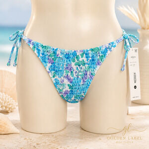 AQUA Tropical Floral Bikini Bottom Women’s XL Blue Smocked Side Tie NWT